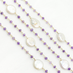Load image into Gallery viewer, Amethyst &amp; Pearl Round Shape Bezel Gold Plated Wire Chain. AME32
