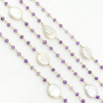 Load image into Gallery viewer, Amethyst & Pearl Round Shape Bezel Gold Plated Wire Chain. AME32