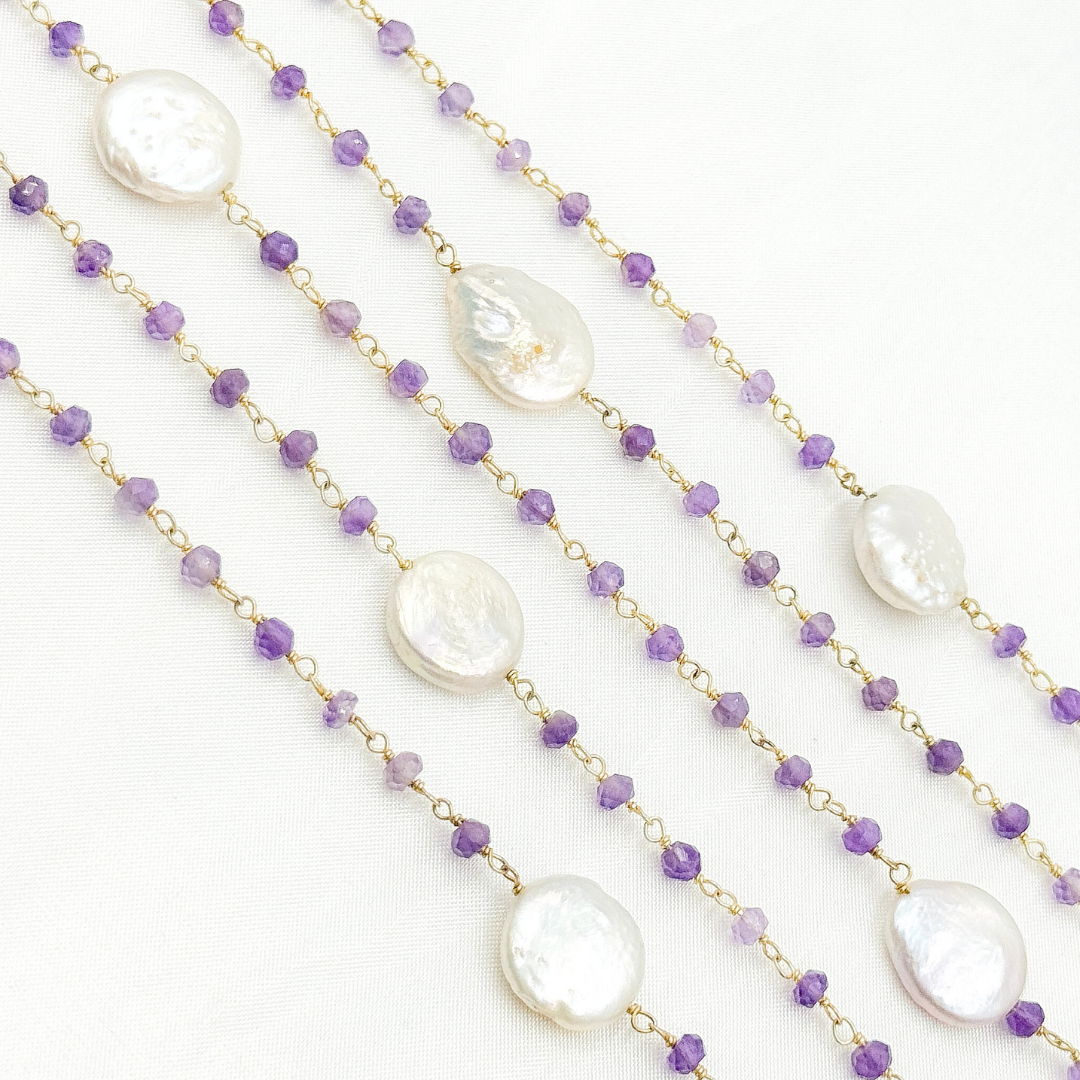 Amethyst & Pearl Round Shape Bezel Gold Plated Wire Chain. AME32