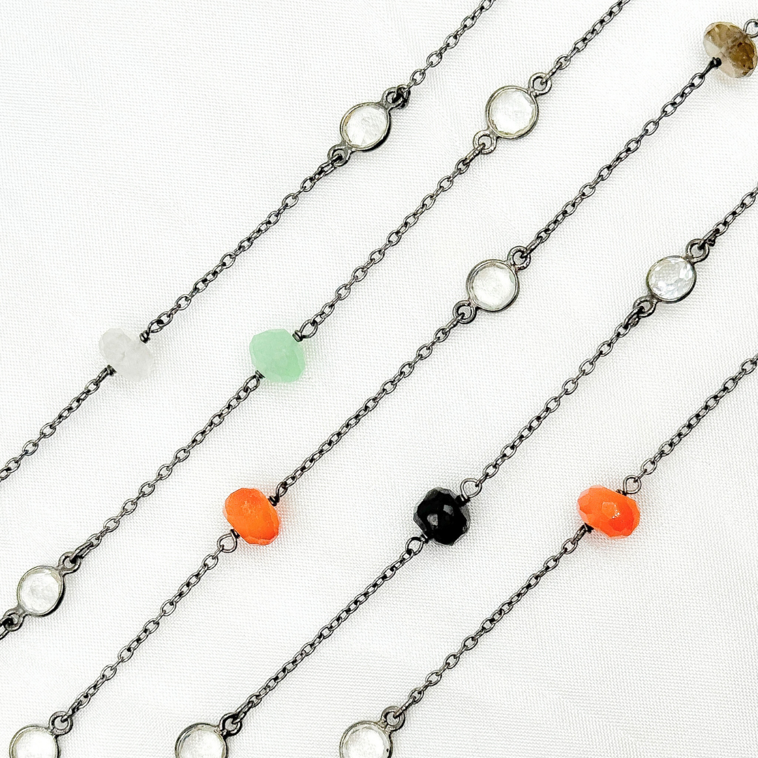 Multi Gemstone Rondel Shape & White Topaz Oxidized Connected Wire Chain. MGS3