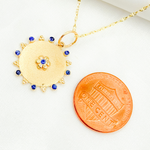 Load image into Gallery viewer, 14K Solid Gold Circle Charm with Flower in the Center in Diamond and Gemstones. GDP525