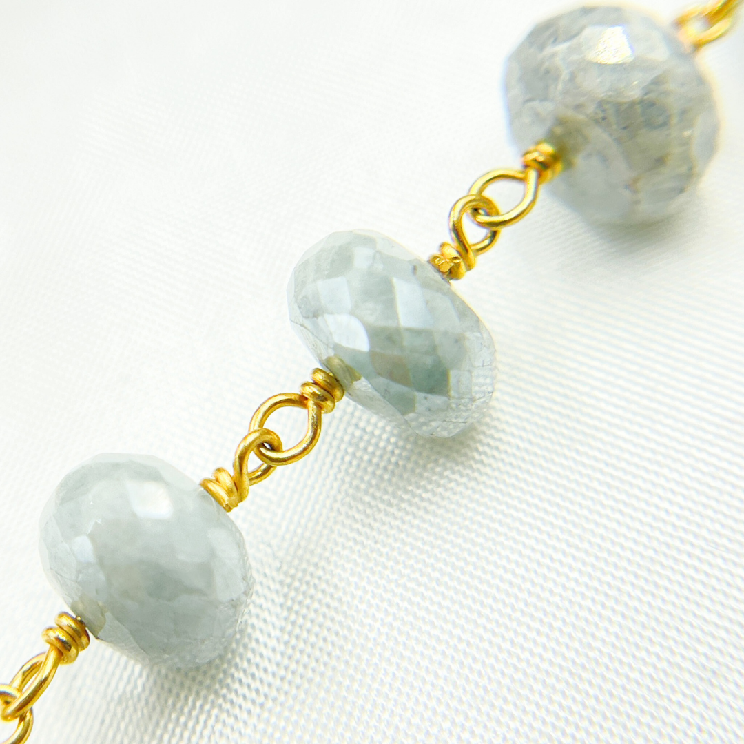 Coated Milky Aquamarine Faceted Rondel Gold Plated Wire Chain. AQU20