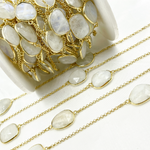 Load image into Gallery viewer, White Moonstone Organic Shape Bezel Gold Plated Connected Wire Chain. RB1