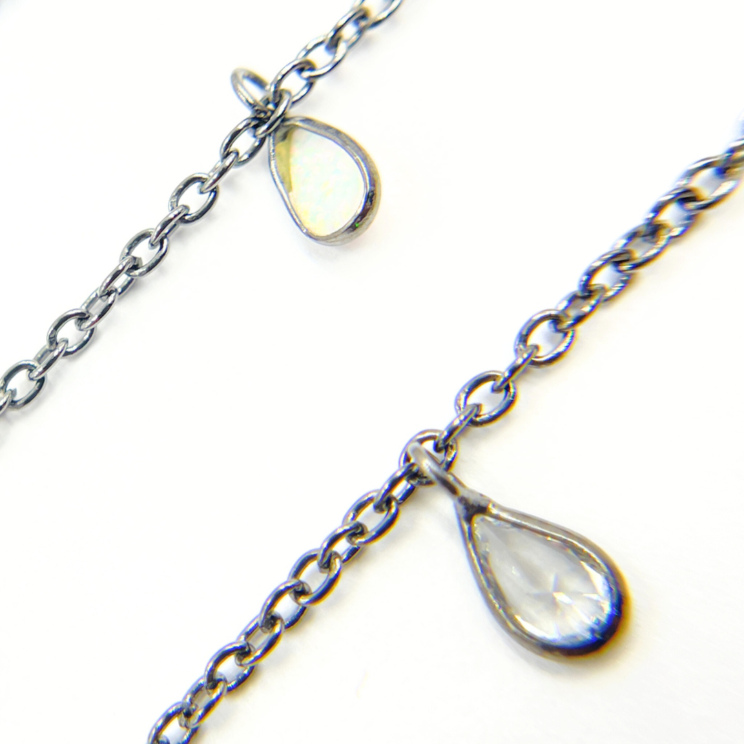 Created White Opal + CZ Pear Shape Dangle Chain. CWO14