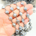Load image into Gallery viewer, Coated Grey Moonstone Round Shape Bezel Oxidized Wire Chains
