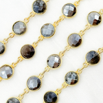 Load image into Gallery viewer, Coated Grey Moonstone Round Shape Bezel Gold Plated Wire Chain. CMS23