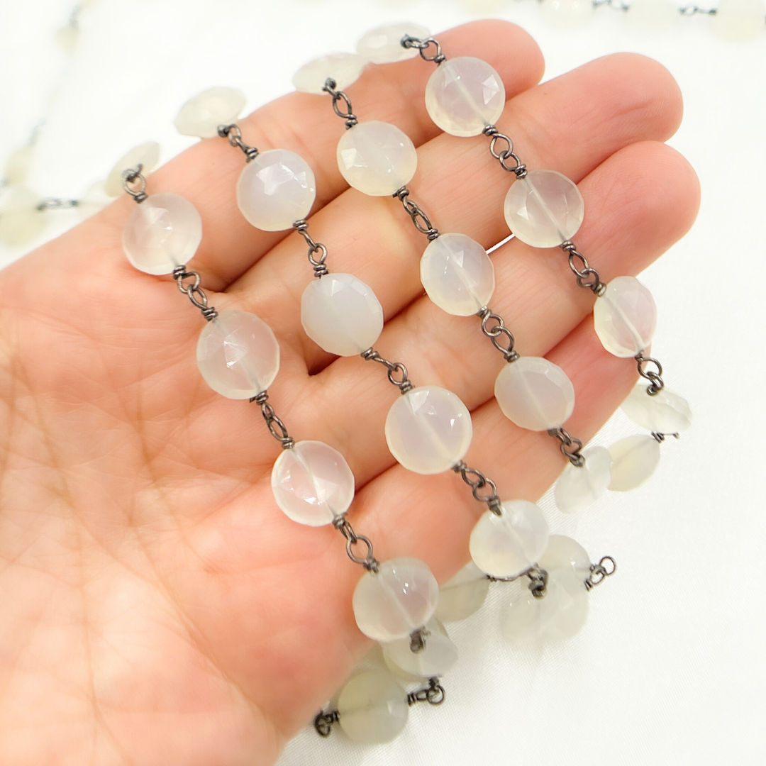 Natural Chalcedony Coin Shape Oxidized  Wire Chain. PCL17