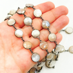 Load image into Gallery viewer, Coated White Moonstone Round Shape Bezel Oxidized Wire Chain. CMS15