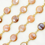Load image into Gallery viewer, Coated Peach Moonstone Round Shape Bezel Gold Plated Wire Chain. CMS5