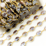 Load image into Gallery viewer, Coated Chocolate Moonstone Round Shape Bezel Gold Plated Wire Chain. CMS25