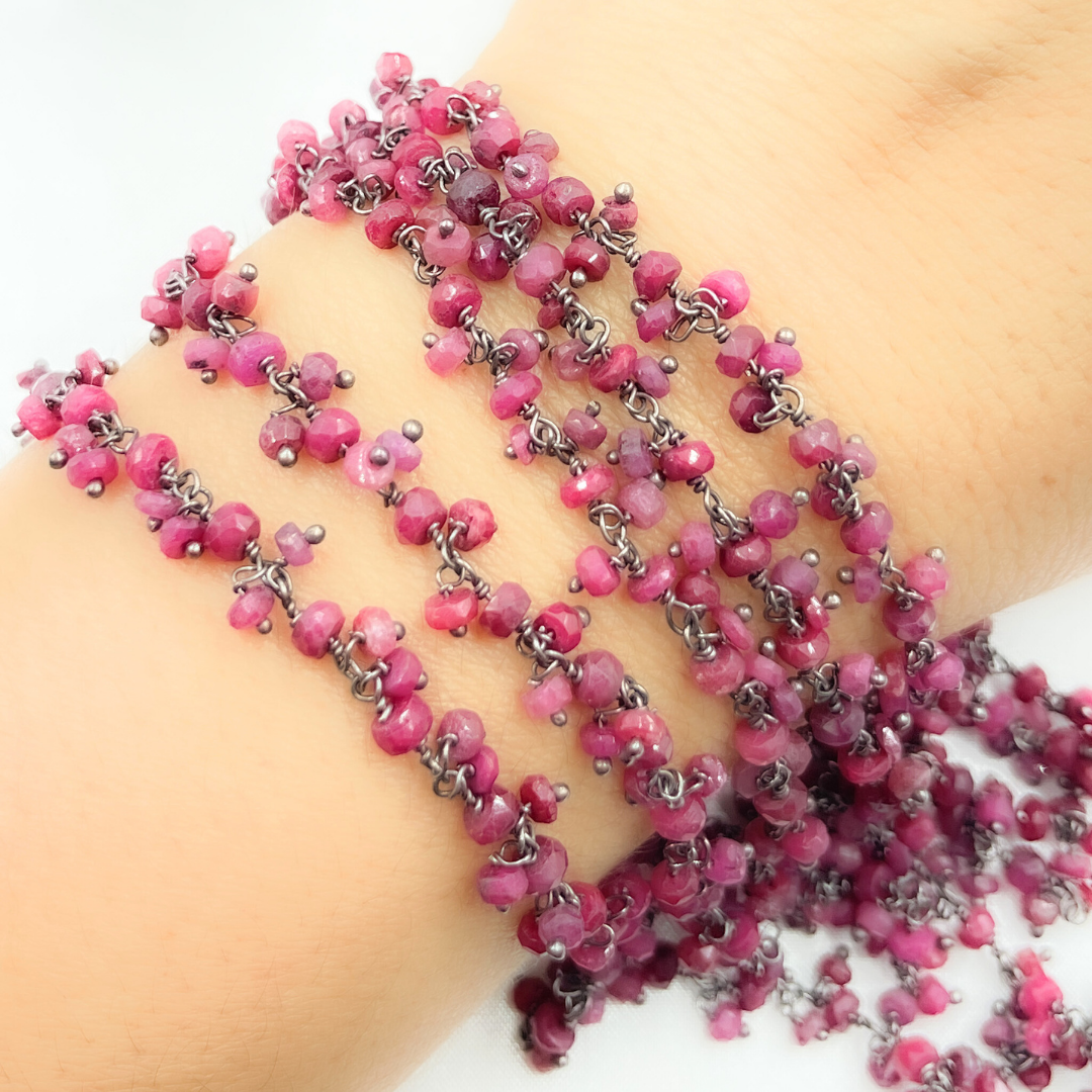 Dyed Ruby Cluster Dangle 3.5mm Oxidized Wire Chain. RUB12