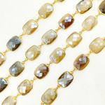 Load image into Gallery viewer, Coated Grey Moonstone Rectangular Shape Bezel Gold Plated Silver Wire Chain. CMS27
