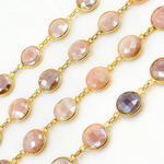 Load image into Gallery viewer, Coated Peach Moonstone Round Shape Bezel Gold Plated Wire Chain. CMS5