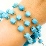 Load image into Gallery viewer, Turquoise Cube Shape Gold Plated Wire Chain. TRQ26
