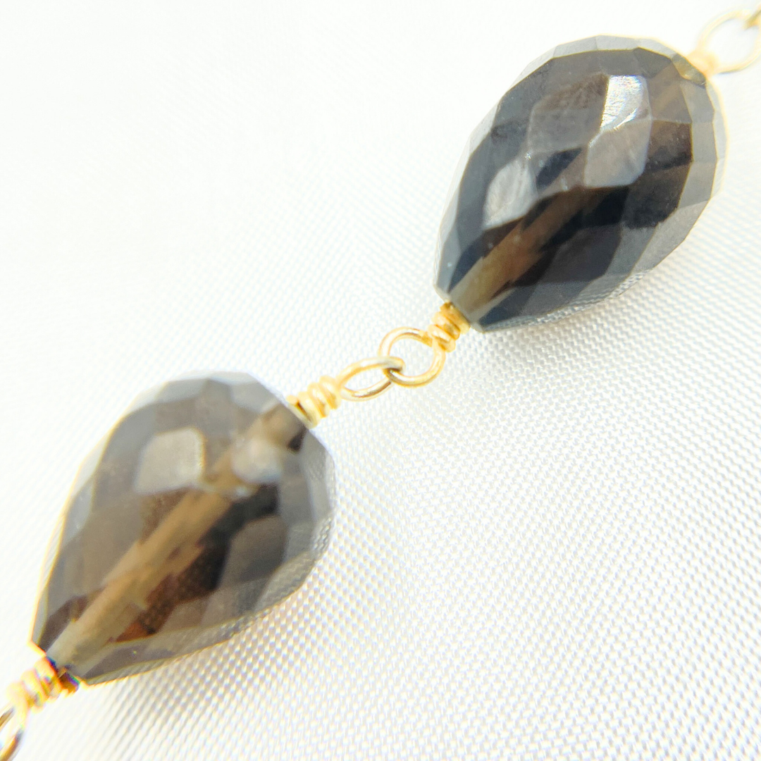 Smoky Quartz Pear Shape Gold Plated 925 Sterling Silver Wire Chain. SMQ16