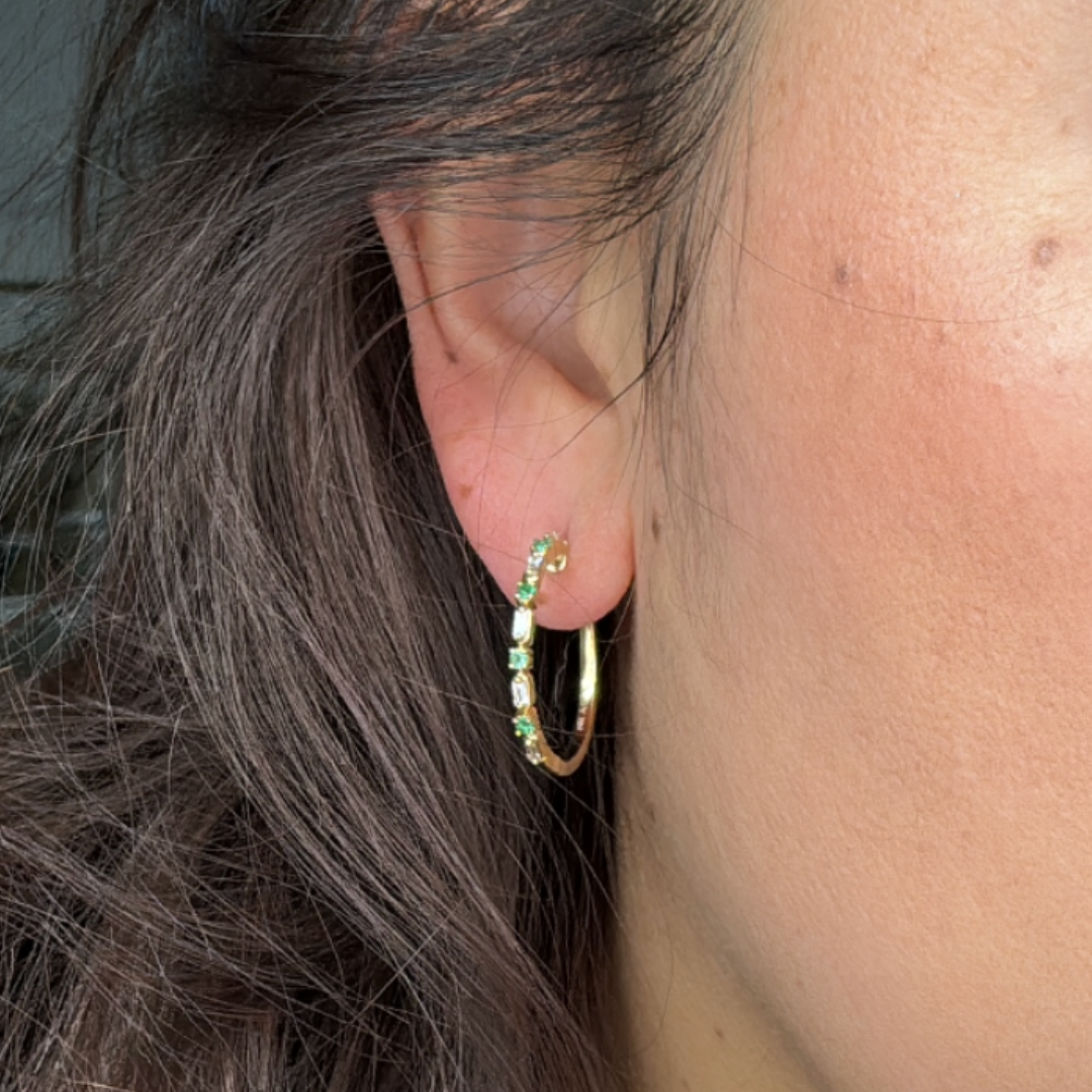 EHD56614EM. 14k Solid Gold Diamond and Emerald Hoops