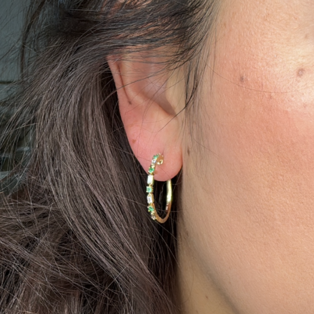 14k Solid Gold Diamond and Emerald Hoops. EHD56614EM