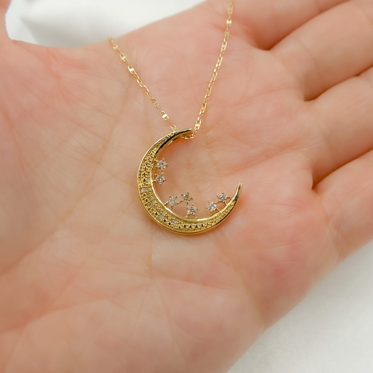 14k Solid Gold Diamond Moon and Stars Pendant. PFC30877
