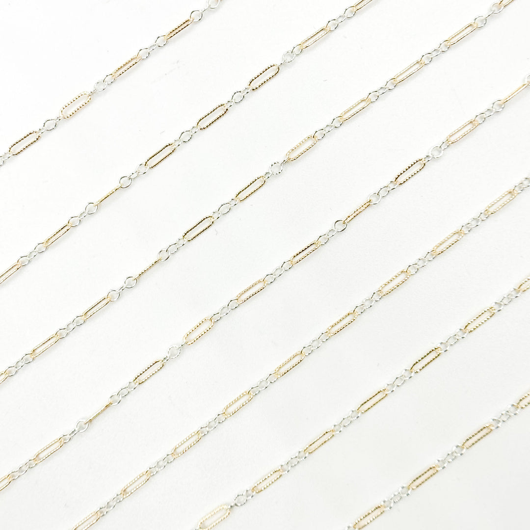 XM/1003K/SP. 14K Gold Filled and Sterling Silver Knurled Link Chain – Long & Short Pattern