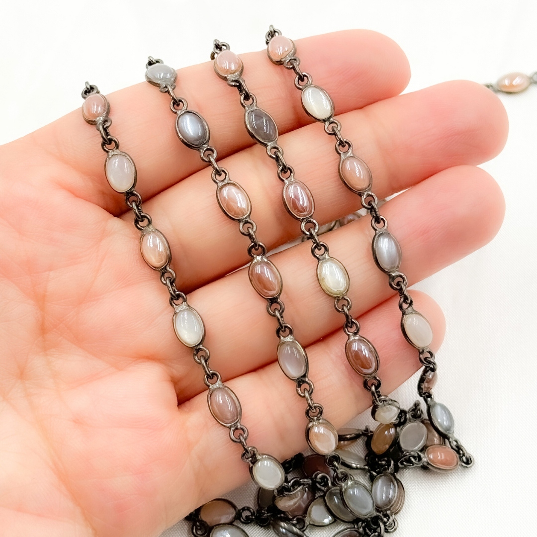 CMS106. Coated Multi Moonstone Oval Shape Bezel Oxidized Wire Chain