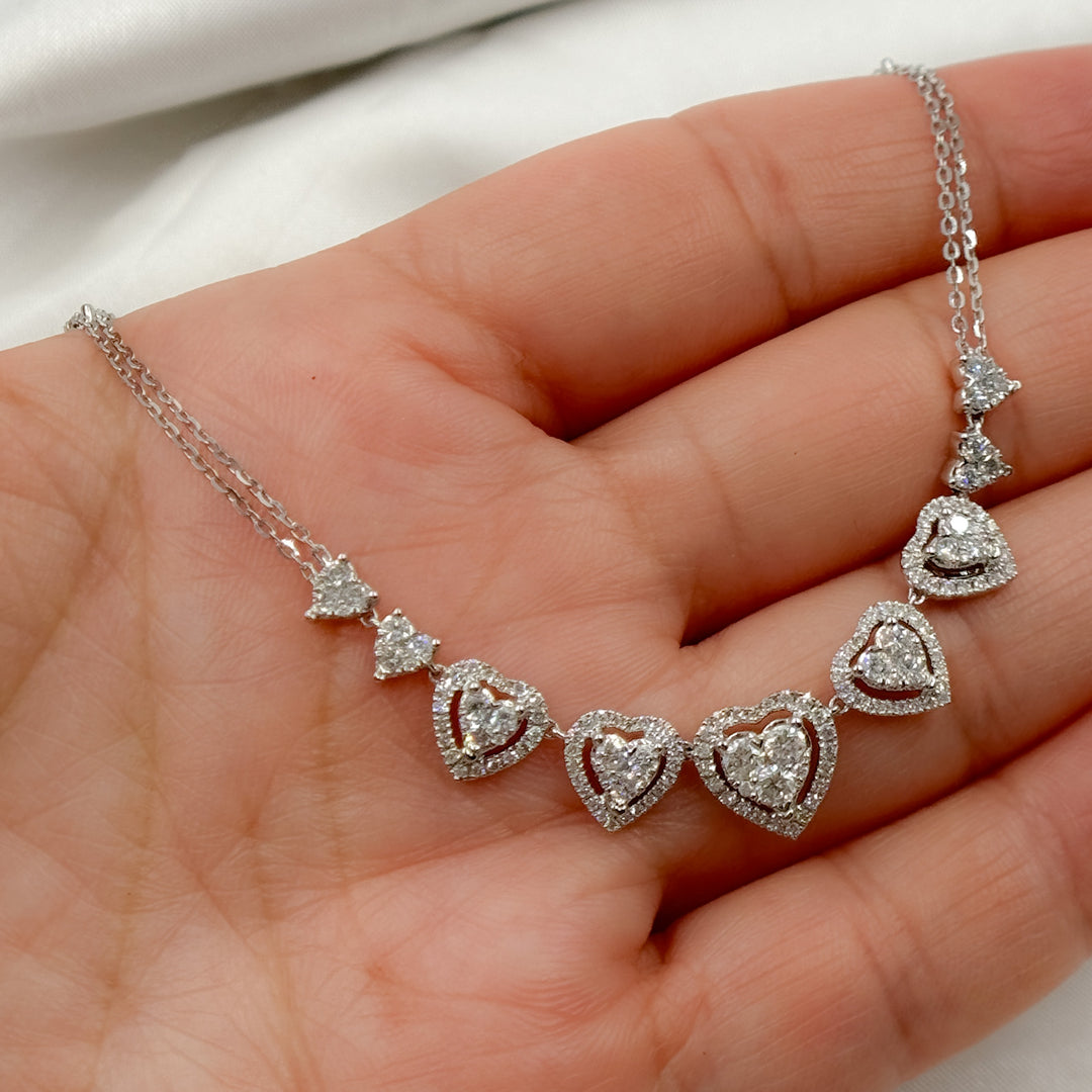 14K Solid White Gold Diamond Hearts Necklace. NK113052