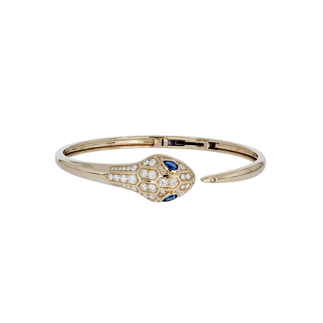 BNL68609BS. 14K Solid Yellow Gold Diamond and Blue Sapphire Snake Bangle