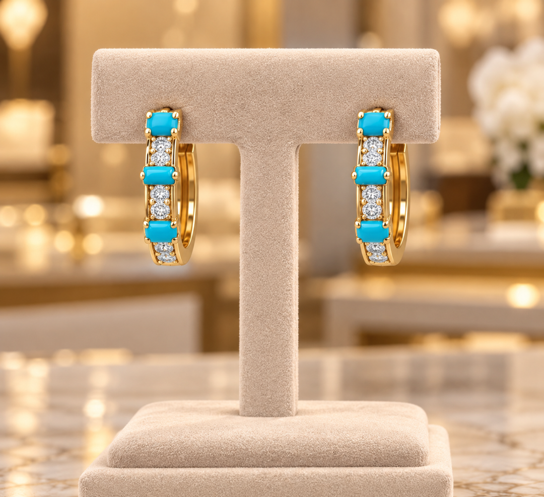 EHF57720TQ. 14K Solid Gold Turquoise and Diamond Hoops