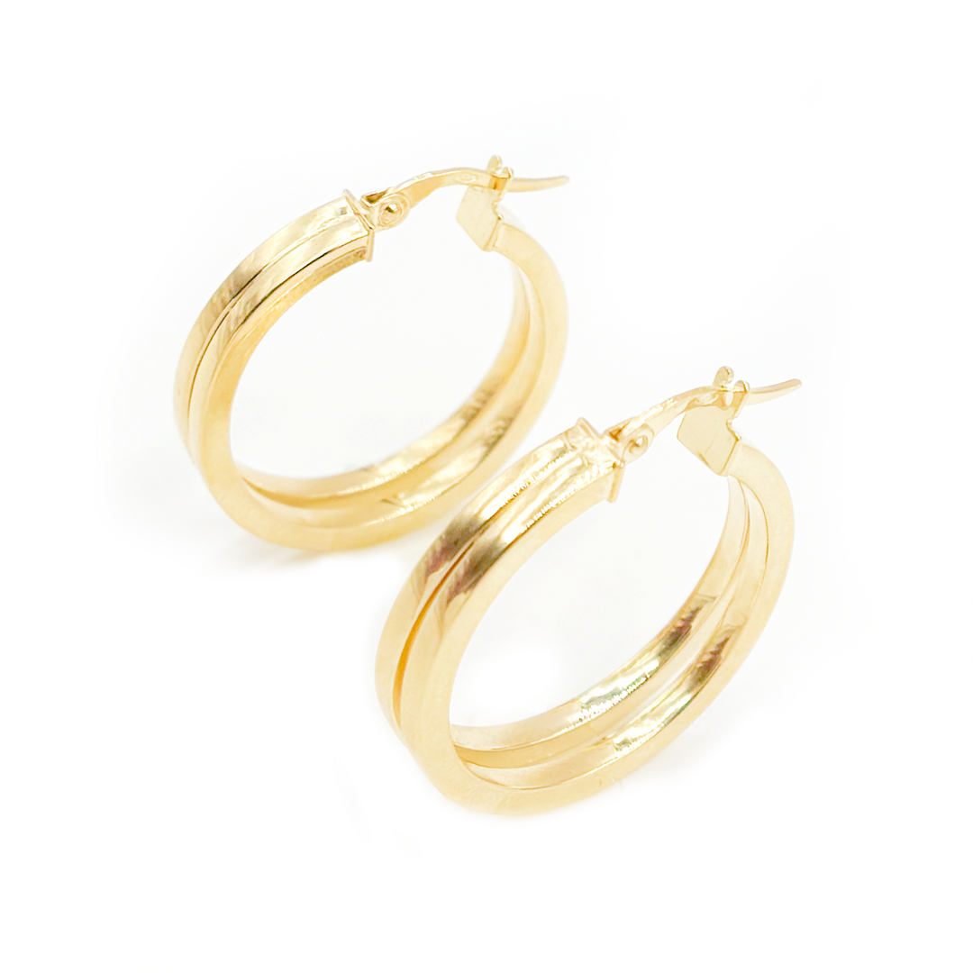 15850021299. 14K Solid Gold Fancy Hollow Double Hoop Earrings