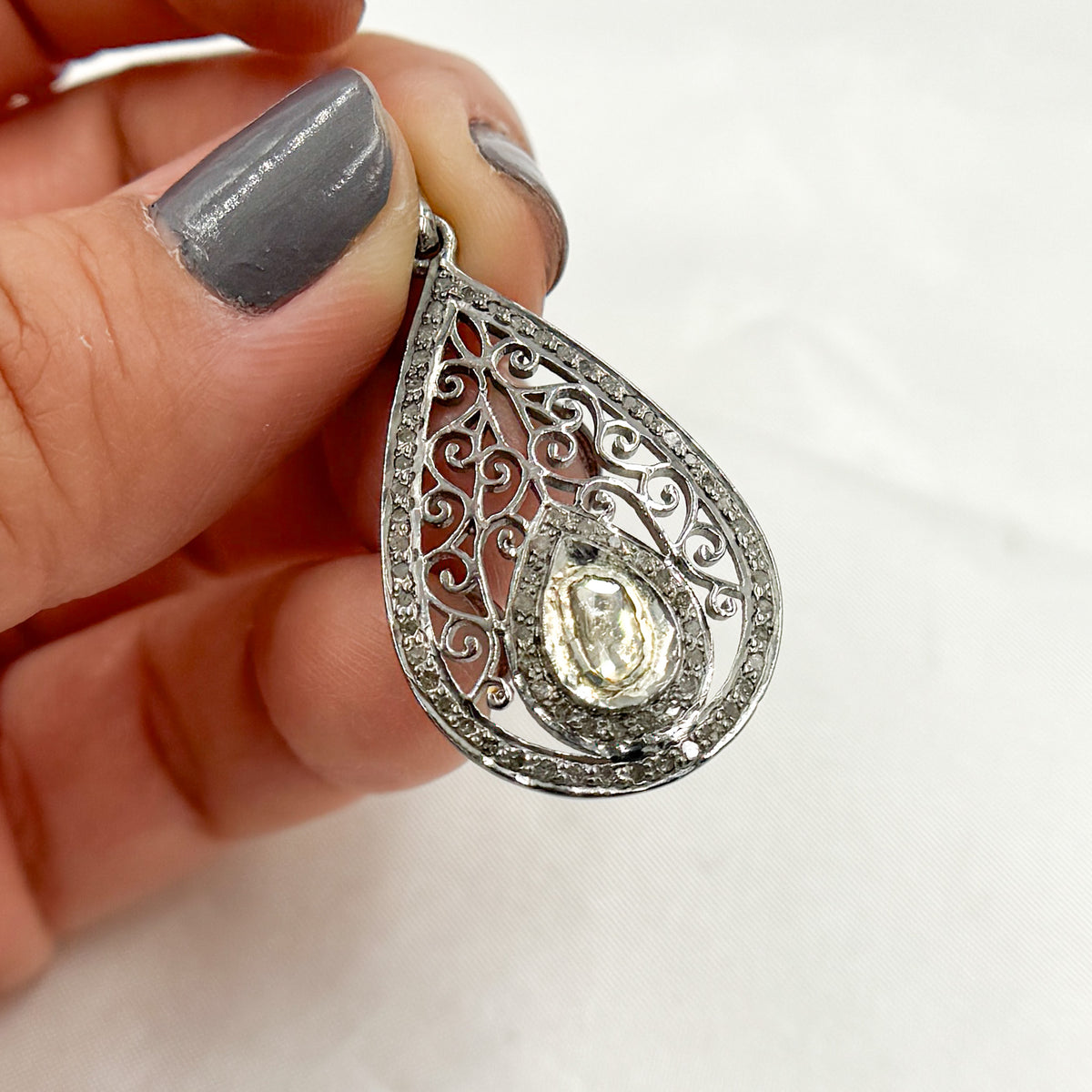 DP188. Diamond Sterling Silver Drop Shape Pendant with Polki Diamond