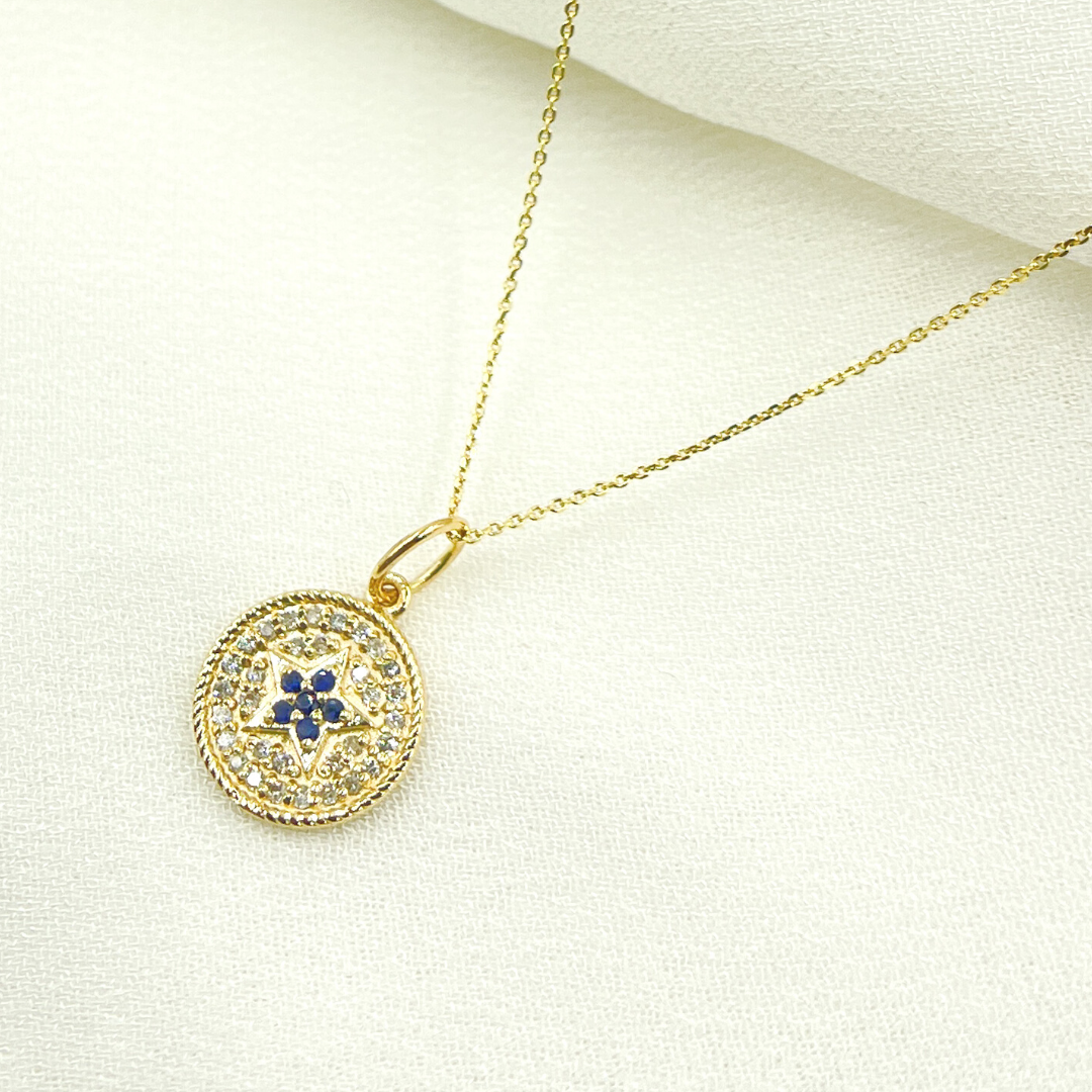 14K Solid Gold Diamond and Gemstone Star Circle Charm. GDP366