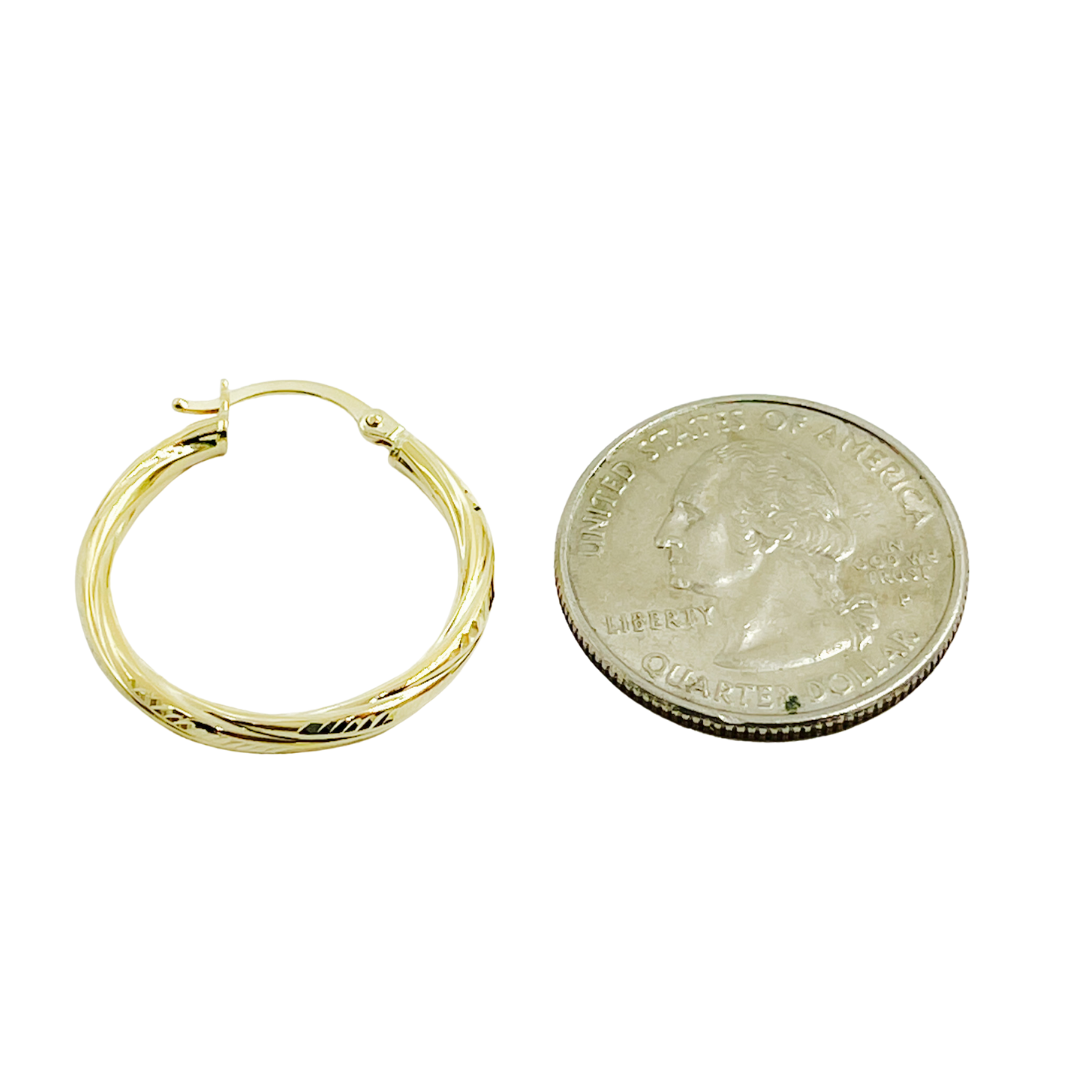 14K Gold Hoop Earrings with Engraved Tornado Design. GER69