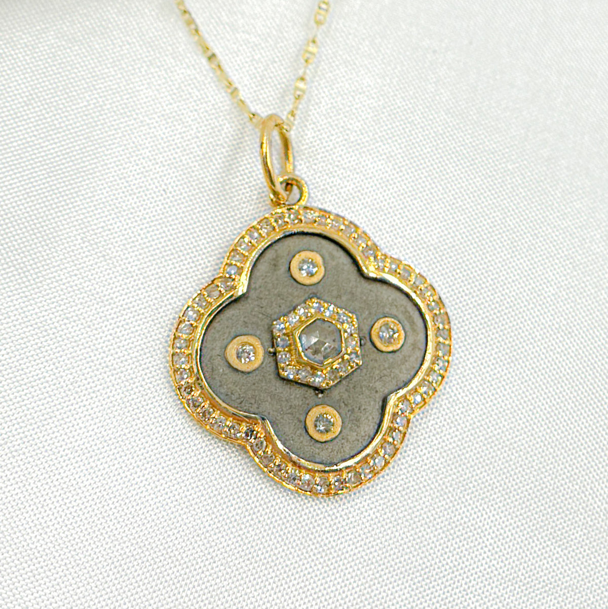 KSG56. 14k Solid Gold and Sterling Silver Black Rhodium Clover Charm