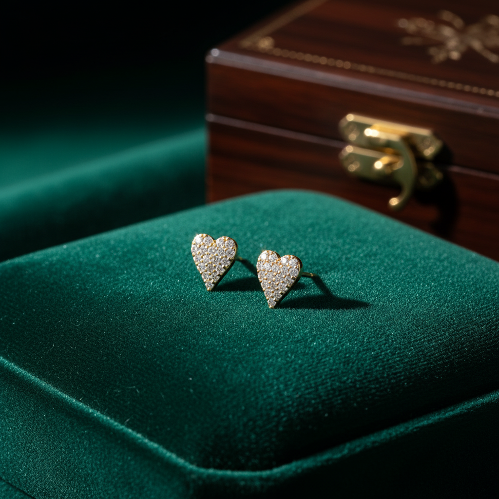 EFD54274. 14K Solid Gold Diamond Heart Earrings