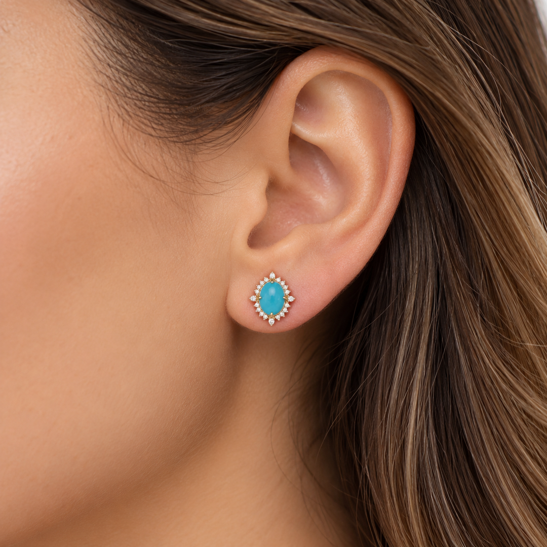 CE97428TQ9X7. 14k Solid Gold Diamond and Turquoise Oval Stud Earrings