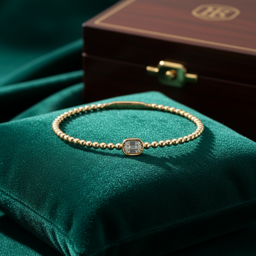 BNB68644. 14K Solid Gold Baguette Diamond Beaded Bangle