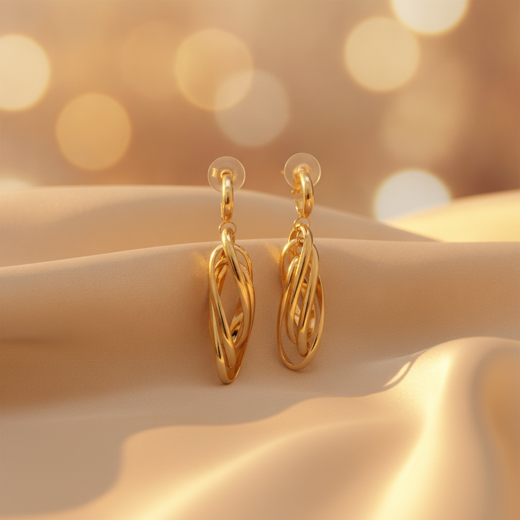 15850023044. 14K Solid Gold Twist Triple Oval Hollow Dangle Earrings