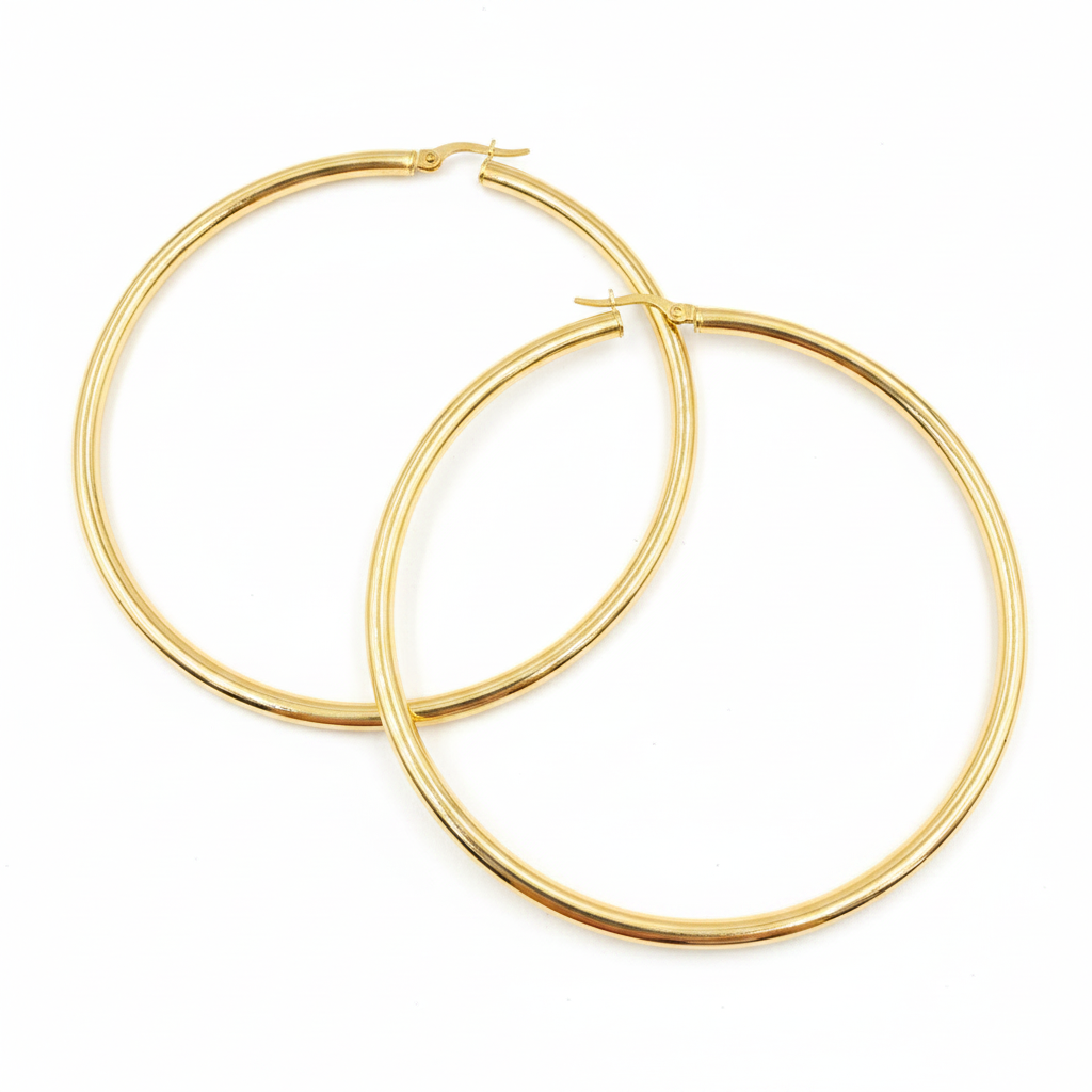 GER167. 14K Solid Gold Hollow Smooth Hoop