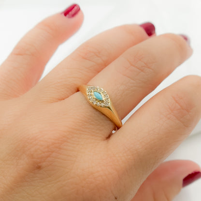 14K Solid Yellow Gold Diamond and Turquoise Eye Ring.