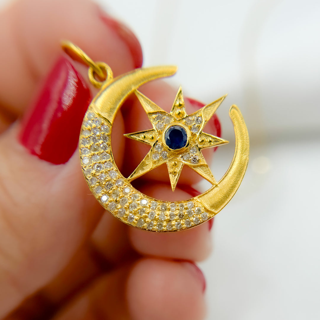 14k Solid Gold Moon and Star Diamond and Blue Sapphire Charm. GDP304