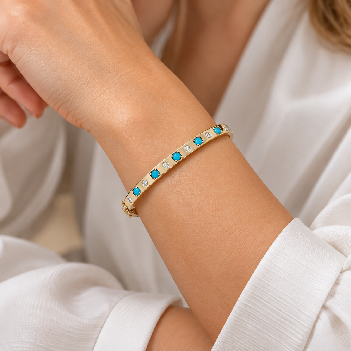 BNE68710. 14K Solid Gold Diamond & Gemstone Bangle