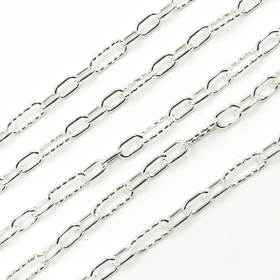 925 Sterling Silver Diamond Cut & 3 Smooth Links Paper Clip Chain. V143SS