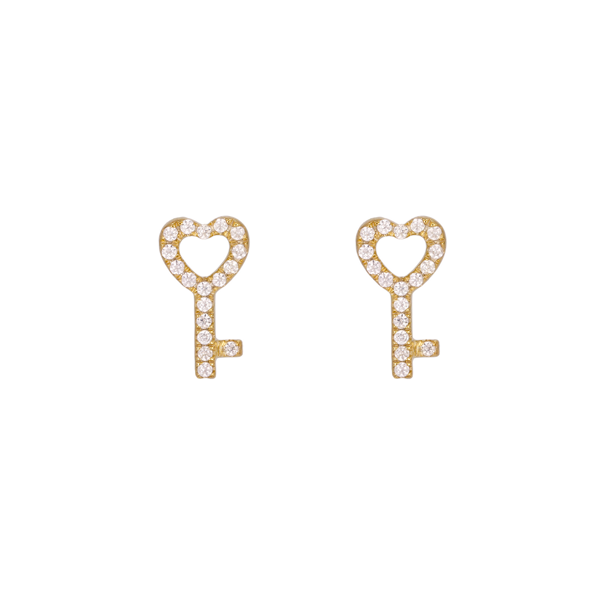 14K Solid Gold Diamond  Key Heart Studs Earrings