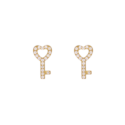 14K Solid Gold Diamond  Key Heart Studs Earrings