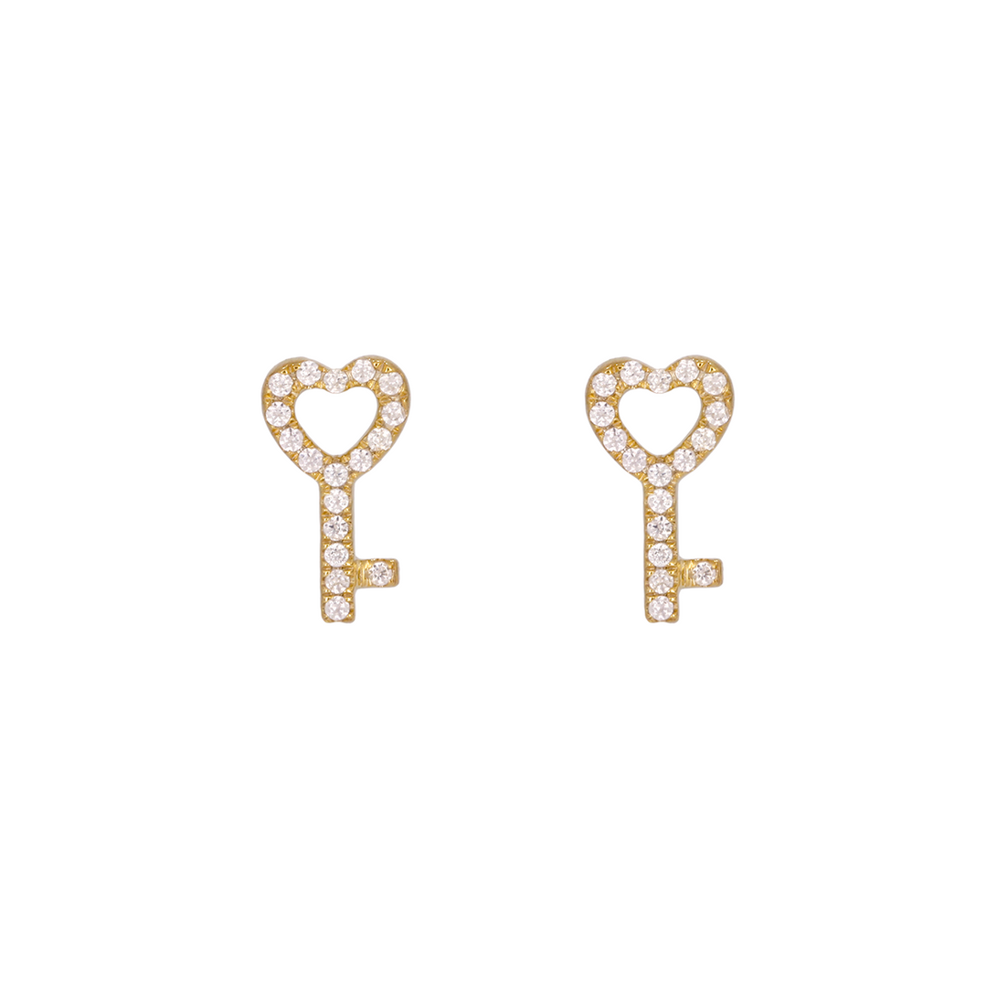14K Solid Gold Diamond  Key Heart Studs Earrings