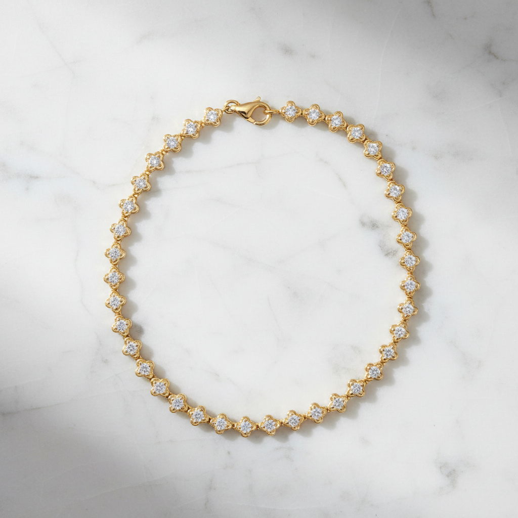 BR403957. 14k Solid Gold Diamond and Diamond Fancy Flower Bracelet