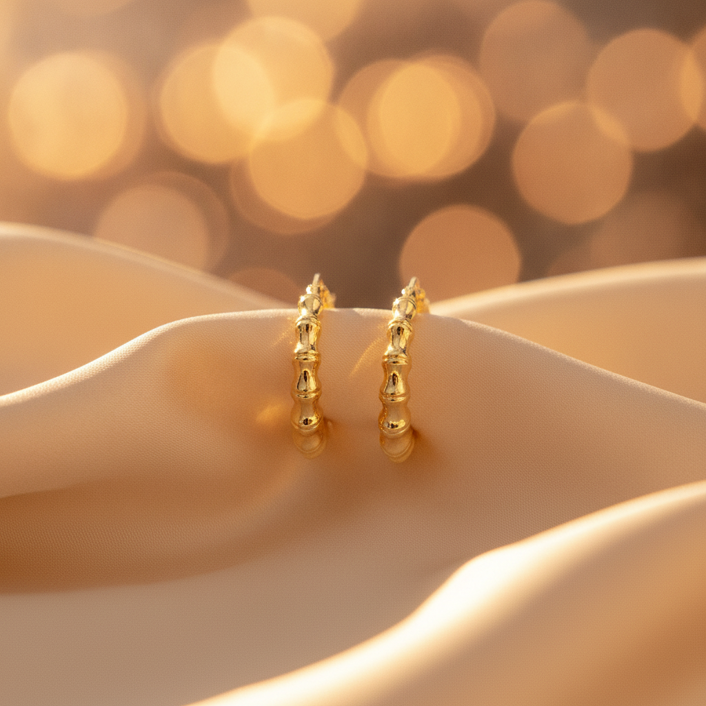 GER145. 14K Hollow Gold Textured Hoop Earrings