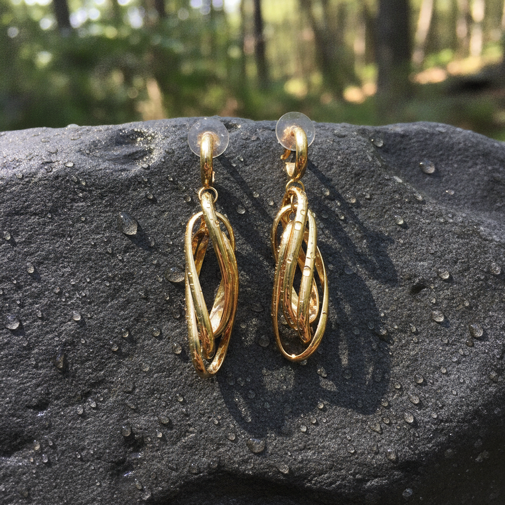 15850023044. 14K Solid Gold Twist Triple Oval Hollow Dangle Earrings