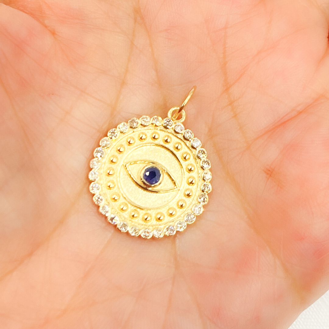 14K Solid Gold Diamond Evil Eye Circle Charm. GDP436