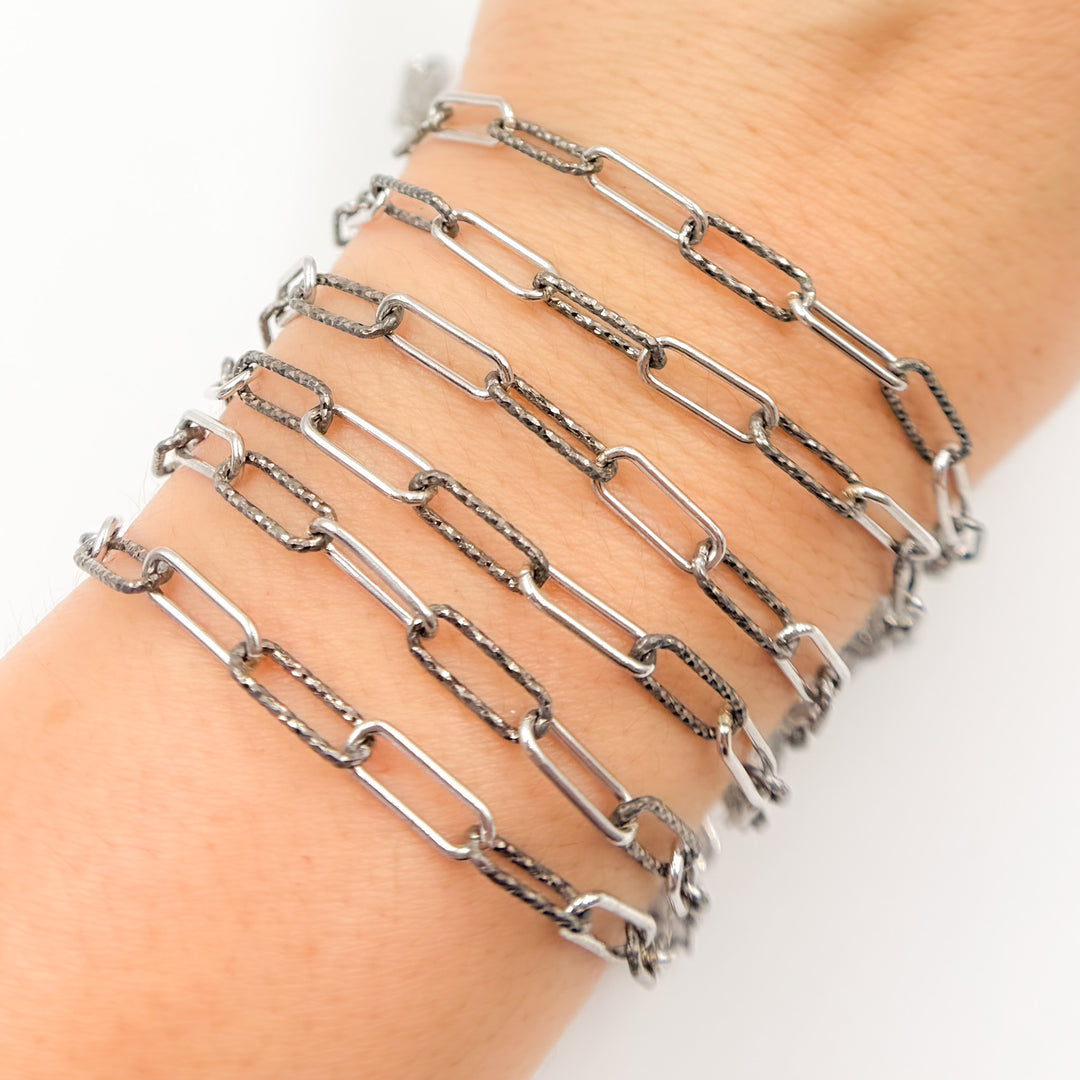 Black Rhodium Sterling Silver Diamond Cut and Smooth Paperclip Chain