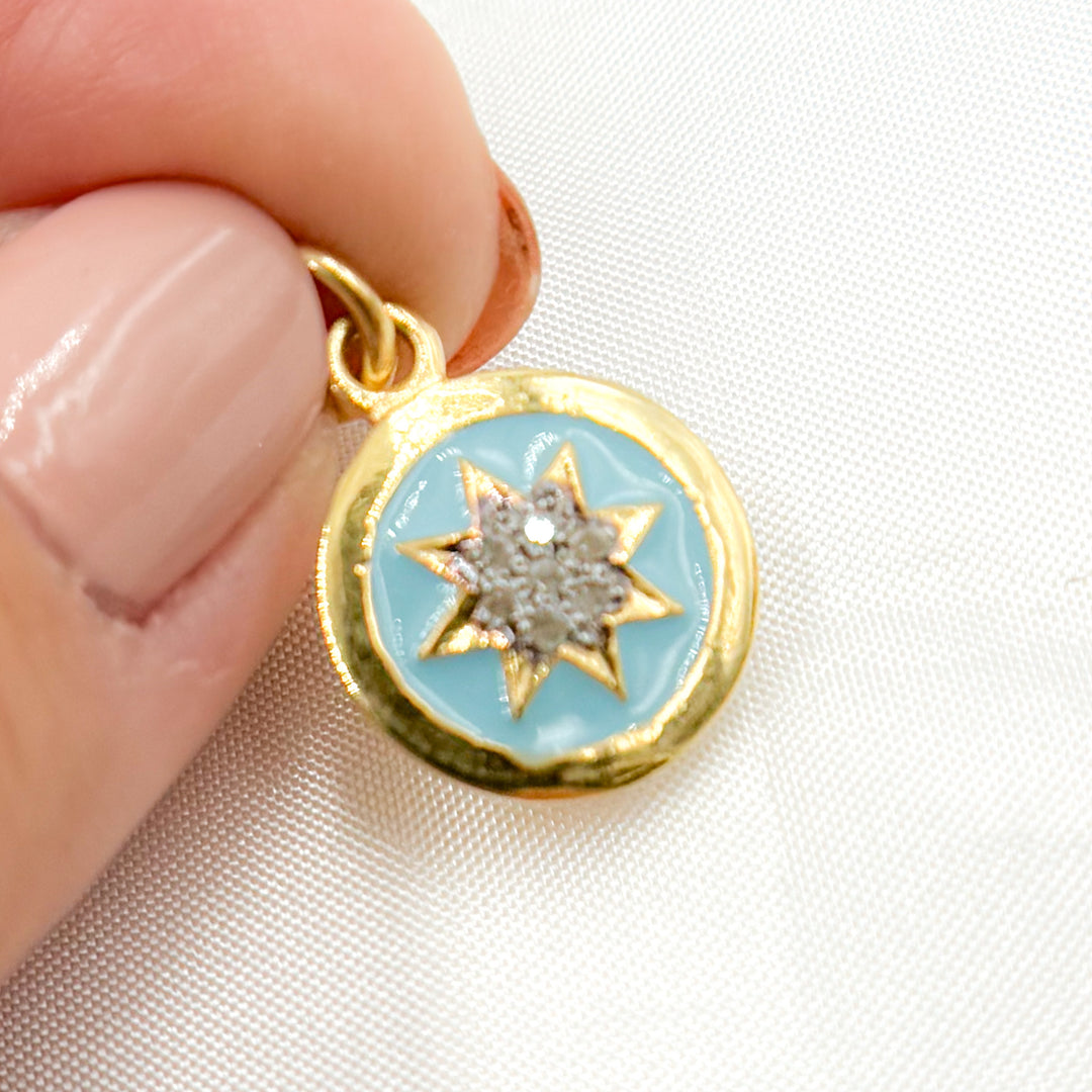 DC534A. Diamond Sterling Silver Round Star Enamel Charm